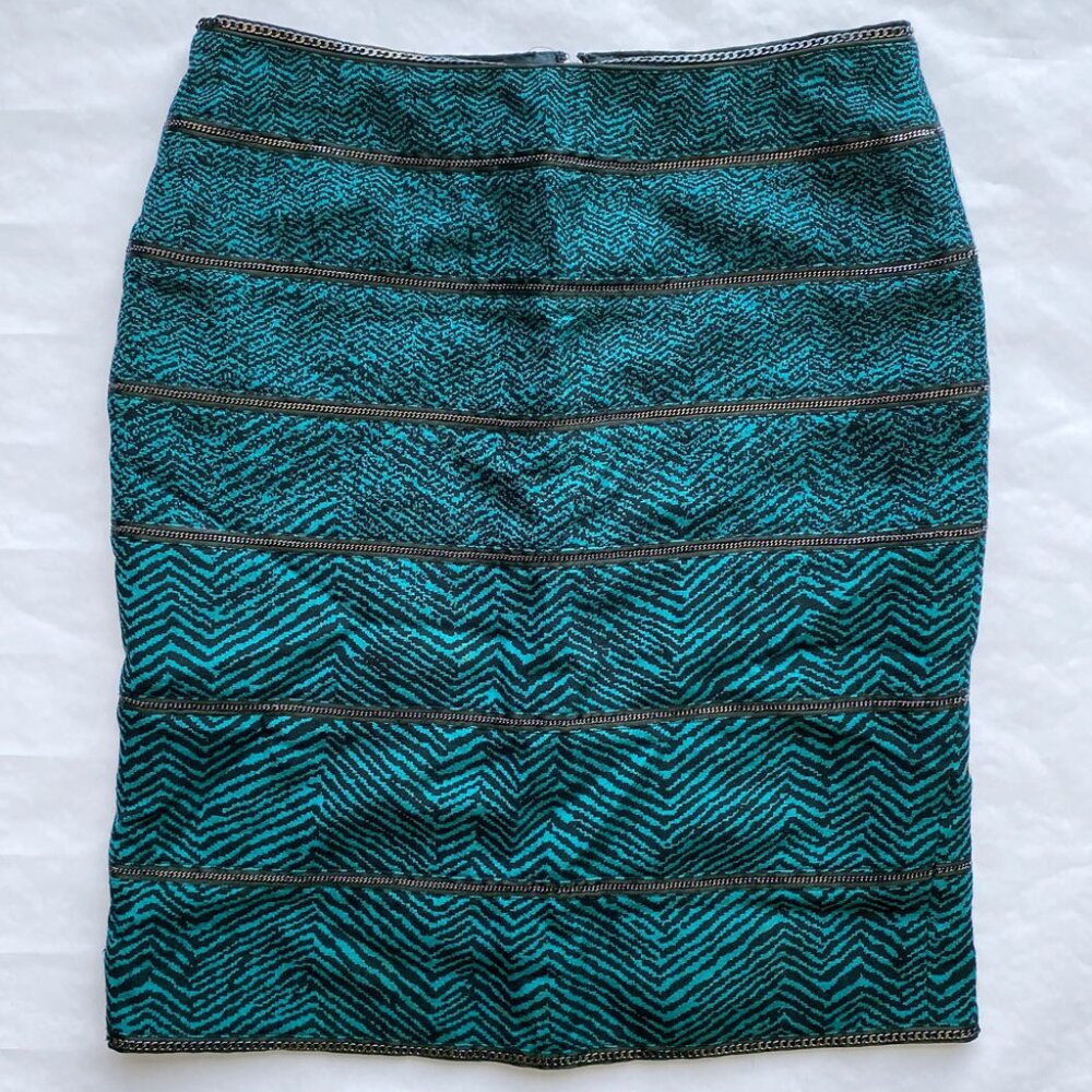 Carlisle Turquoise Black Print Chain Detail Wool Pencil Skirt - Size 6 LIKE NEW